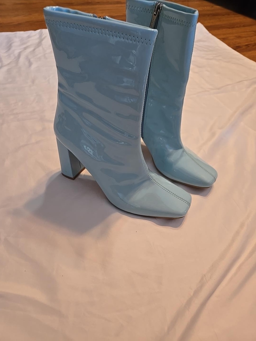 Cape Robbin Light Blue Patent Mid-Calf Block Heel Boots